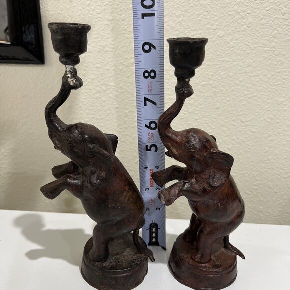 Vintage Cast Metal Elephant PAIR Candle Holder Trunk Up Good Luck Rearing - Picture 5 of 14
